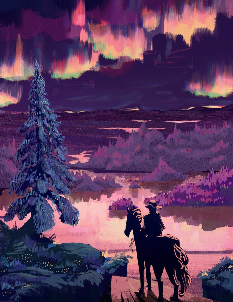 A painting of the snowy wilderness of Tiaga Country, the sillohette of a cowboy on a horse stands looking out at the view.